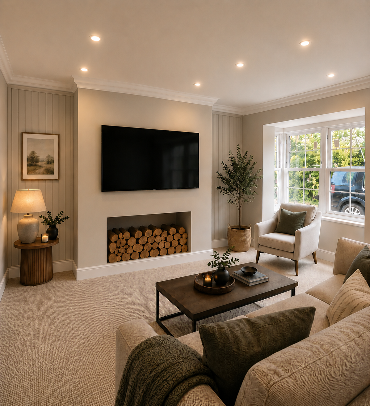 Heathcote — Living room with feature fireplace
